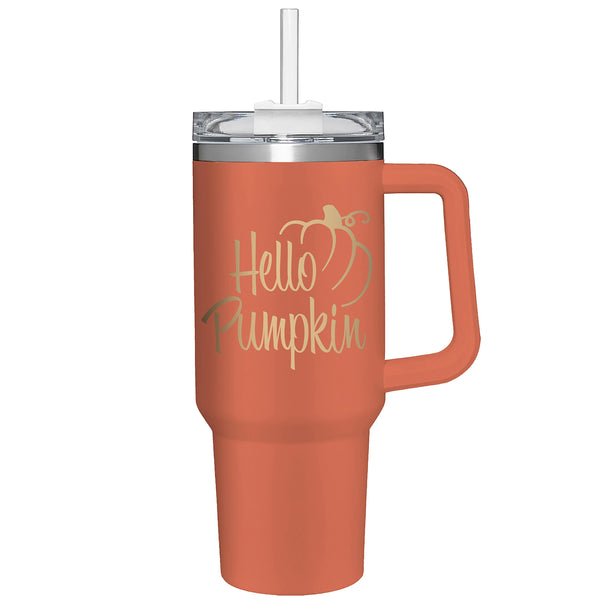 plow & hearth Harvest Blossom Hello Pumpkin Canyon Cup Double Wall Stainless Steel w/ Straw 40oz Gift Box