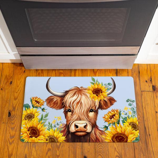 plow & hearth Harvest Blossom Highland Cow and Sunflowers Anti-Fatigue Mat 30"x18”