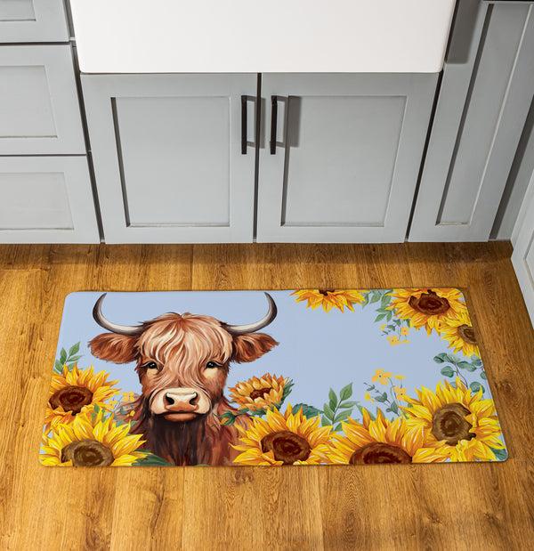 plow & hearth Harvest Blossom Highland Cow and Sunflowers Anti-Fatigue Mat 40"x20”