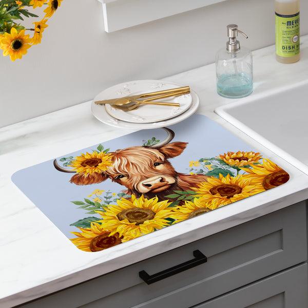 Plow & Hearth Harvest Blossom Highland Cow And Sunflowers Drying Mat 20" X 15"