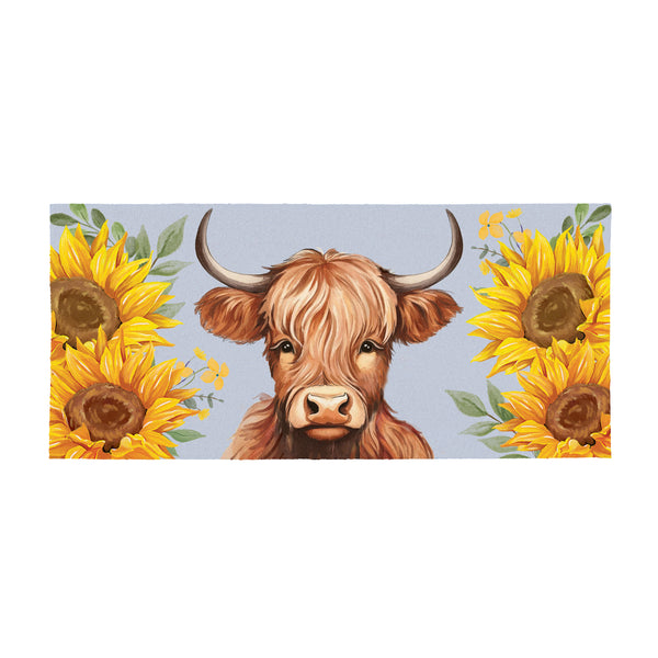 Plow & Hearth Harvest Blossom Highland Cow And Sunflowers Flocked Coir Sassafras Mat 22"x10”