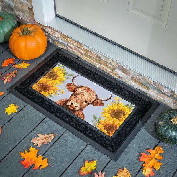 plow & hearth Harvest Blossom Highland Cow and Sunflowers Flocked Coir Sassafras Mat 22"x10”
