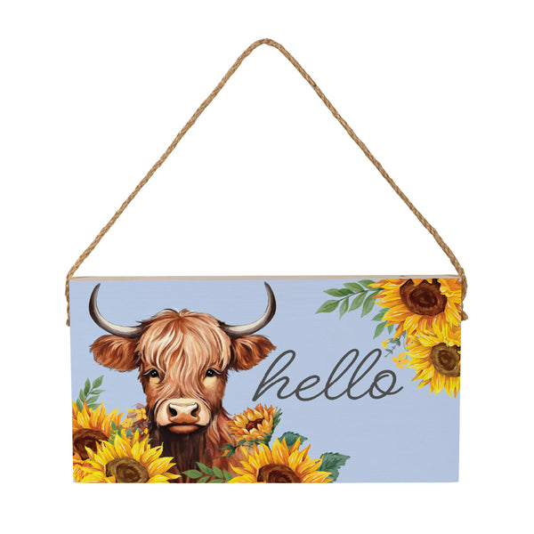 Plow & Hearth Harvest Blossom Highland Cow And Sunflowers Hanging Sign "Hello" 11"x6”