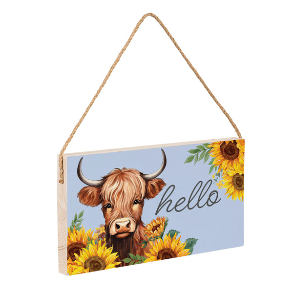 Plow & Hearth Harvest Blossom Highland Cow And Sunflowers Hanging Sign "Hello" 11"x6”