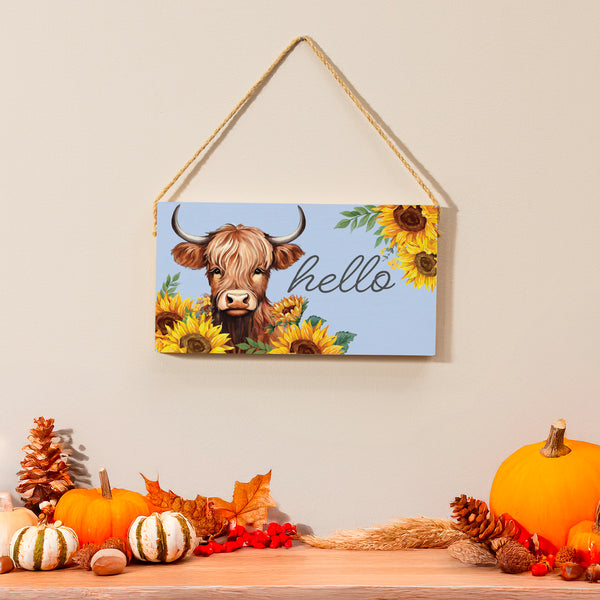 plow & hearth Harvest Blossom Highland Cow and Sunflowers Hanging Sign "Hello" 11"x6”