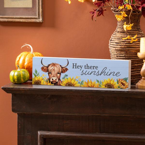 plow & hearth Harvest Blossom Highland Cow and Sunflowers Mantle Sign 18"x5”