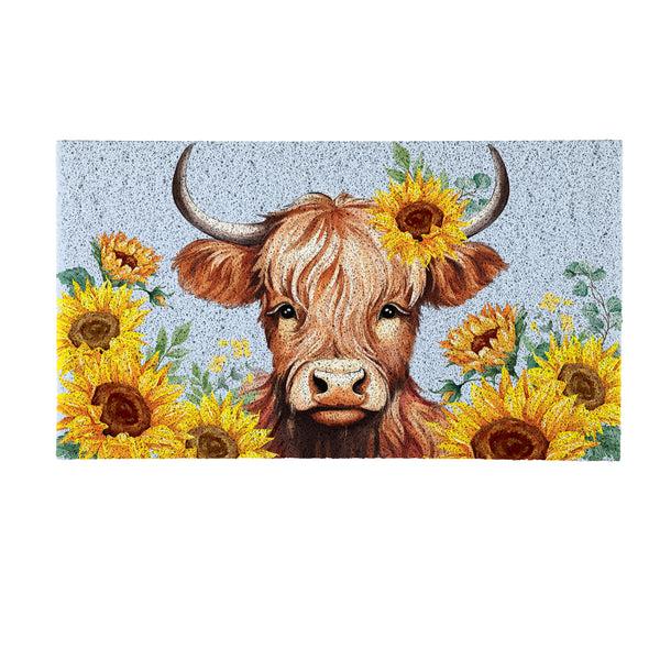 Plow & Hearth Harvest Blossom Highland Cow And Sunflowers PVC Mat 28"x16”
