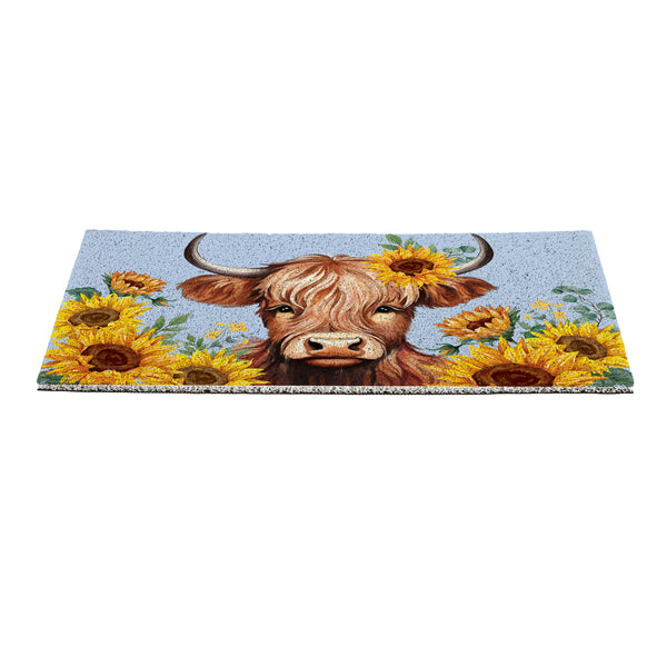 Plow & Hearth Harvest Blossom Highland Cow And Sunflowers PVC Mat 28"x16”