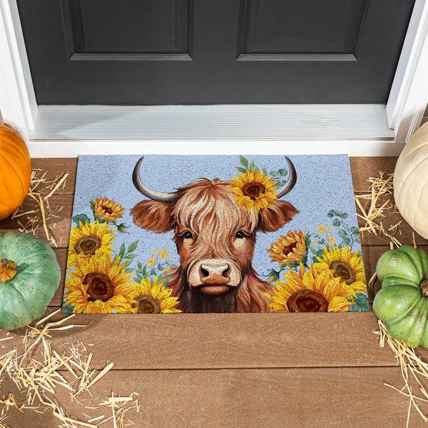 plow & hearth Harvest Blossom Highland Cow and Sunflowers PVC Mat 28"x16”