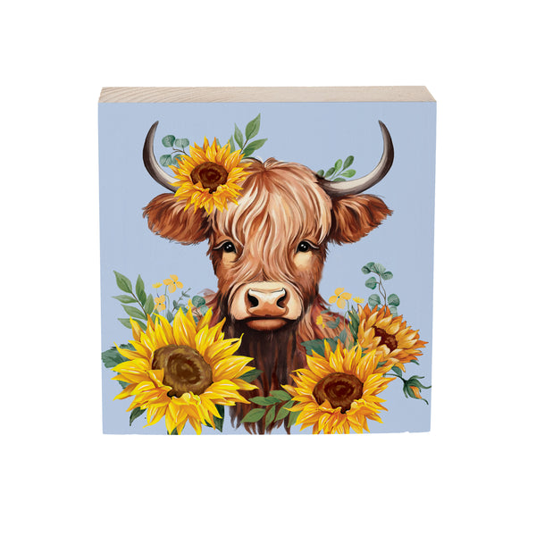 Plow & Hearth Harvest Blossom Highland Cow And Sunflowers Sign Wood Block 6"x6"