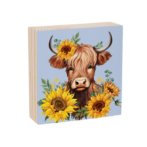 Plow & Hearth Harvest Blossom Highland Cow And Sunflowers Sign Wood Block 6"x6"