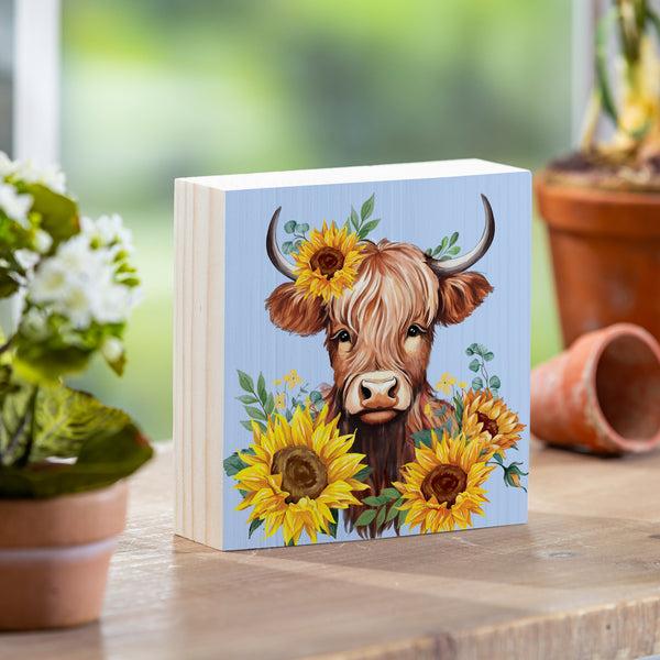 plow & hearth Harvest Blossom Highland Cow and Sunflowers Sign Wood Block 6"x6"