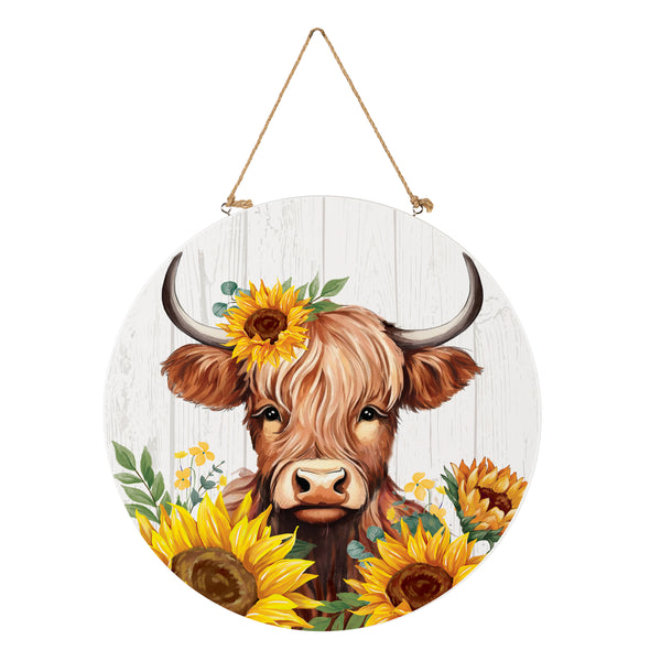 Plow & Hearth Harvest Blossom Highland Cow And Sunflowers Wood Door Décor 18"