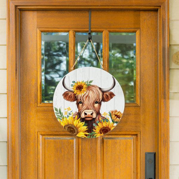 plow & hearth Harvest Blossom Highland Cow and Sunflowers Wood Door Décor 18"