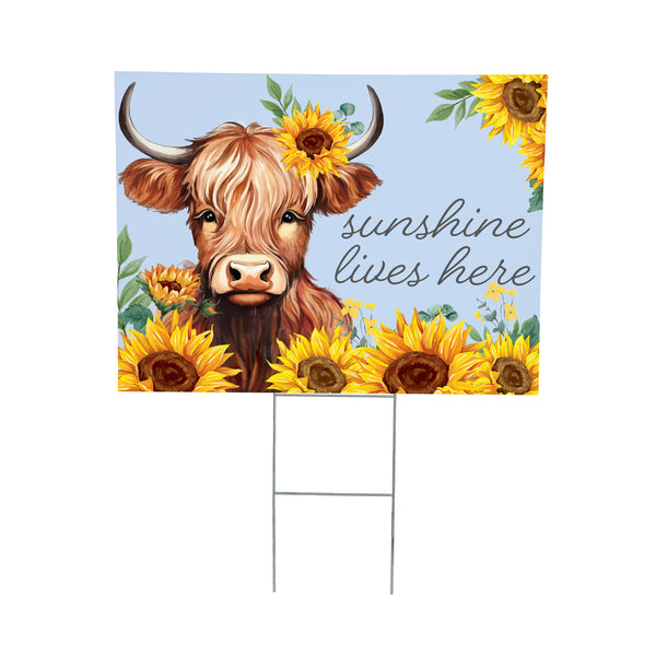 Plow & Hearth Harvest Blossom Highland Cow And Sunflowers Yard Sign 24"x18”