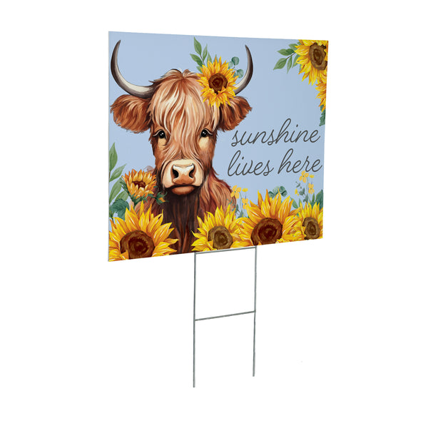 Plow & Hearth Harvest Blossom Highland Cow And Sunflowers Yard Sign 24"x18”