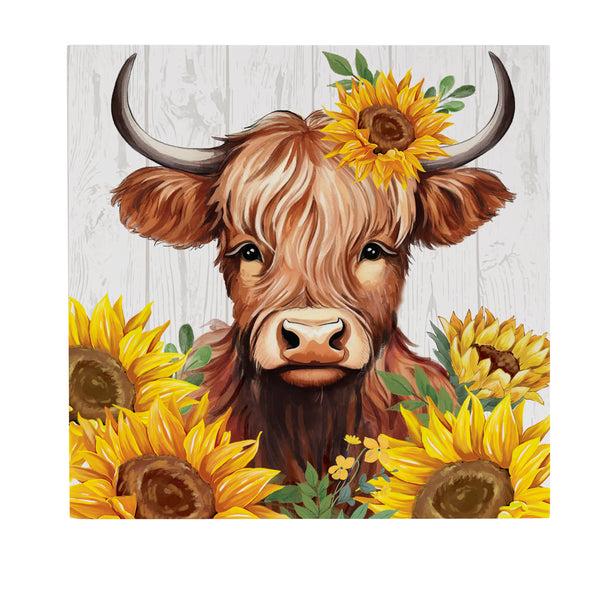 Plow & Hearth Harvest Blossom Highland Cow And SunflowersWall Décor 12"x12”