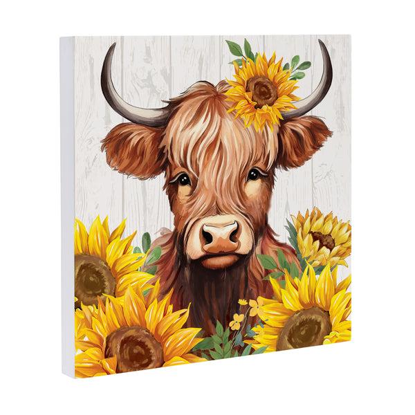 Plow & Hearth Harvest Blossom Highland Cow And SunflowersWall Décor 12"x12”