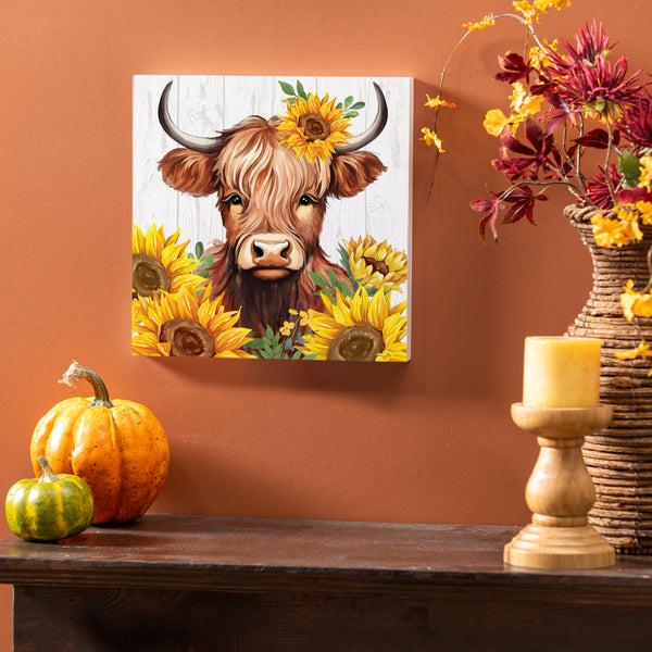 plow & hearth Harvest Blossom Highland Cow and SunflowersWall Décor 12"x12”