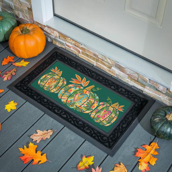 plow & hearth Harvest Blossom Jacobean Pumpkin Flocked Coir Sassafras Mat 22"x10”