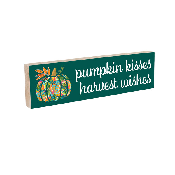 Plow & Hearth Harvest Blossom Jacobean Pumpkin Mantle Sign "Pumpkin Kisses Harvest Wishes" 18"x5”