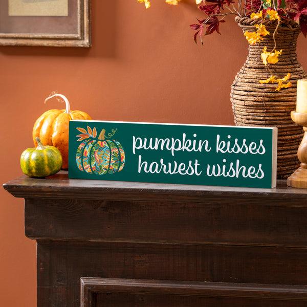plow & hearth Harvest Blossom Jacobean Pumpkin Mantle Sign "Pumpkin Kisses Harvest Wishes" 18"x5”