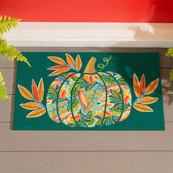 plow & hearth Harvest Blossom Jacobean Pumpkin PVC Mat 28"x16”