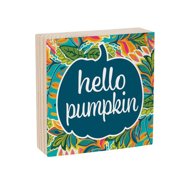 Plow & Hearth Harvest Blossom Jacobean Pumpkin Sign Wood Block "Hello Pumpkin" 6"x6"