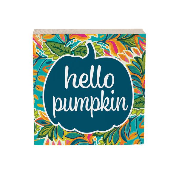 Plow & Hearth Harvest Blossom Jacobean Pumpkin Sign Wood Block "Hello Pumpkin" 6"x6"