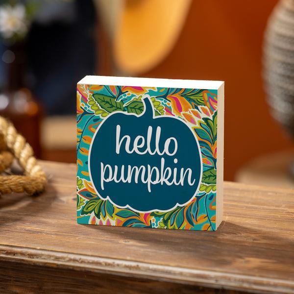 plow & hearth Harvest Blossom Jacobean Pumpkin Sign Wood Block "Hello Pumpkin" 6"x6"
