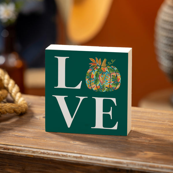 Plow & Hearth Harvest Blossom Jacobean Pumpkin Sign Wood Block "Love" 6"x6"