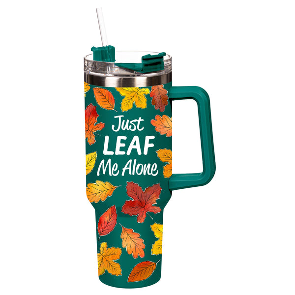 plow & hearth Harvest Blossom Just Leaf Me Alone Trenta Cup Double Wall Stainless Steel w/ Straw 30oz Gift Box