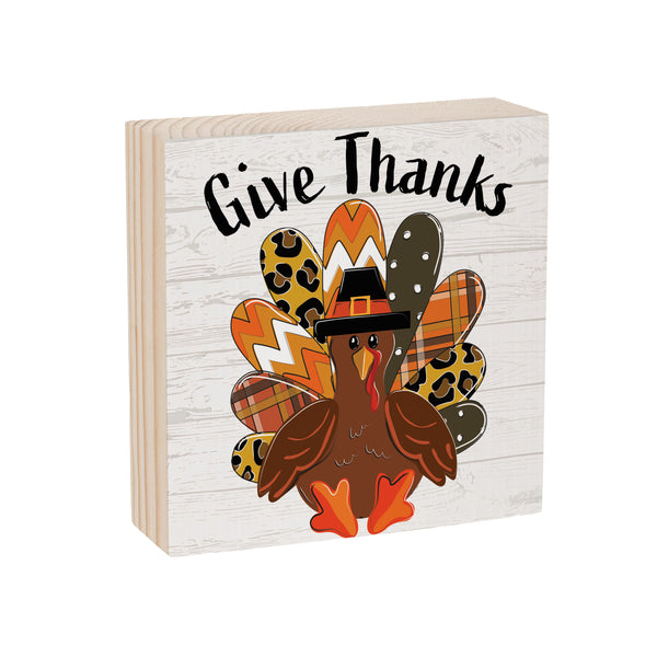 Plow & Hearth Harvest Blossom Patterned Turkey Sign Wood Block "Give Thanks" 6"x6"