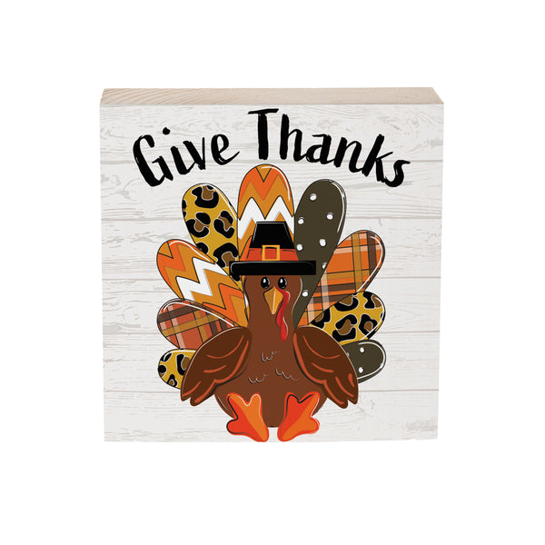 Plow & Hearth Harvest Blossom Patterned Turkey Sign Wood Block "Give Thanks" 6"x6"