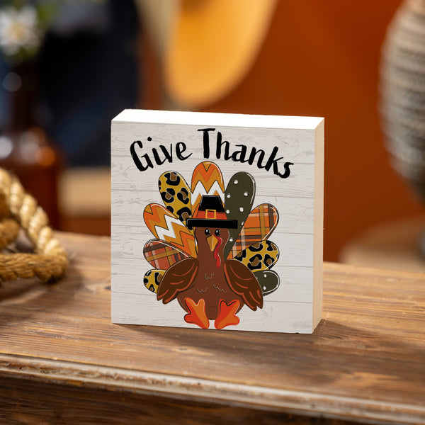 plow & hearth Harvest Blossom Patterned Turkey Sign Wood Block "Give Thanks" 6"x6"