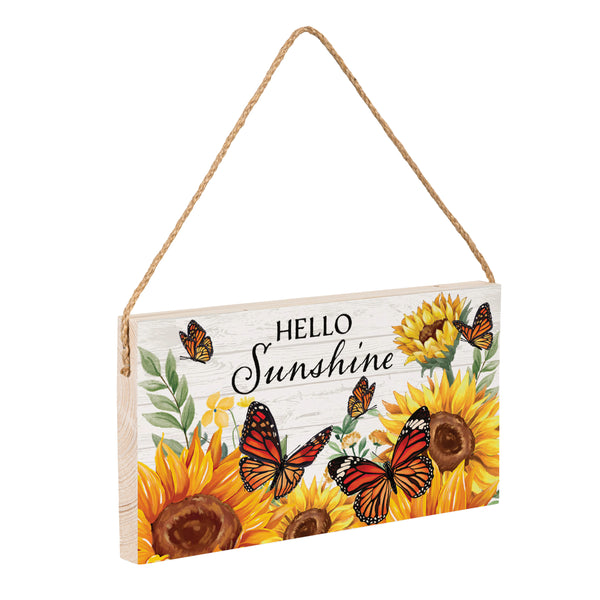 Plow & Hearth Harvest Blossom Sunflower And Butterfly Hanging Sign "Hello Sunshine" 11"x6"