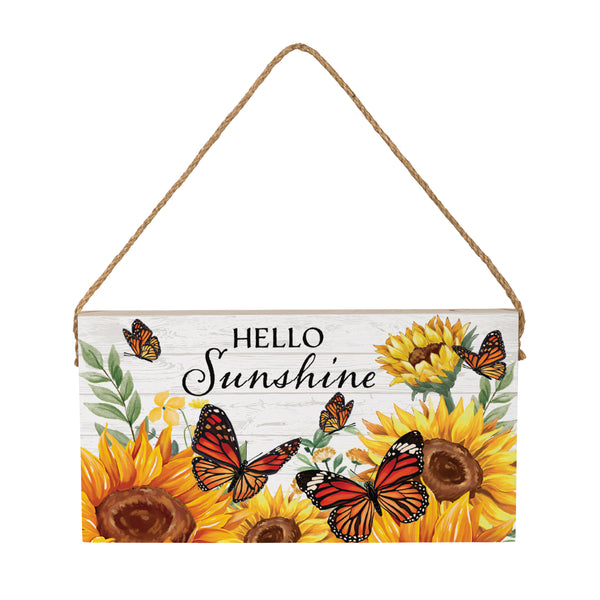 Plow & Hearth Harvest Blossom Sunflower And Butterfly Hanging Sign "Hello Sunshine" 11"x6"