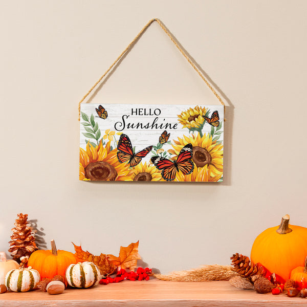 plow & hearth Harvest Blossom Sunflower and Butterfly Hanging Sign "Hello Sunshine" 11"x6"