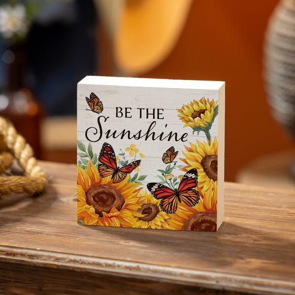 plow & hearth Harvest Blossom Sunflower and Butterfly Sign Wood Block "Be The Sunshine" 6"x6"