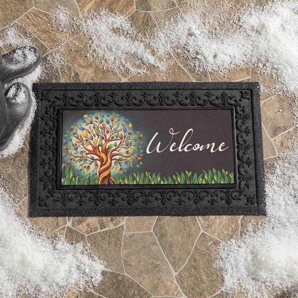 plow & hearth Harvest Blossom Tree Of Life Flocked Coir Sassafras Mat 22"x10”