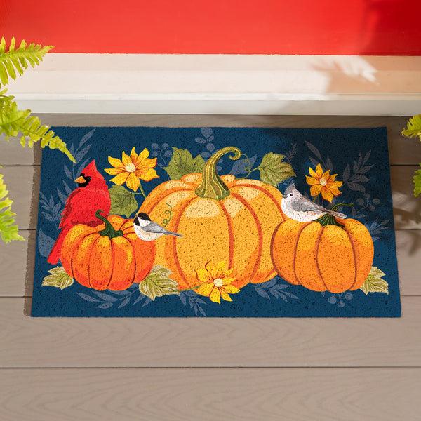 plow & hearth Harvest Blossom Welcome Friends of Fall PVC Mat Cardinal On Pumpkin 28"x16”