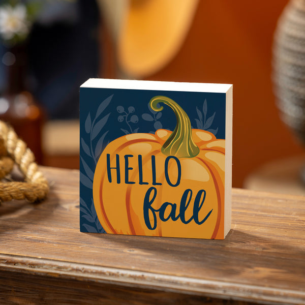 plow & hearth Harvest Blossom Welcome Friends of Fall Sign Wood Block "Hello Fall" 6"x6"