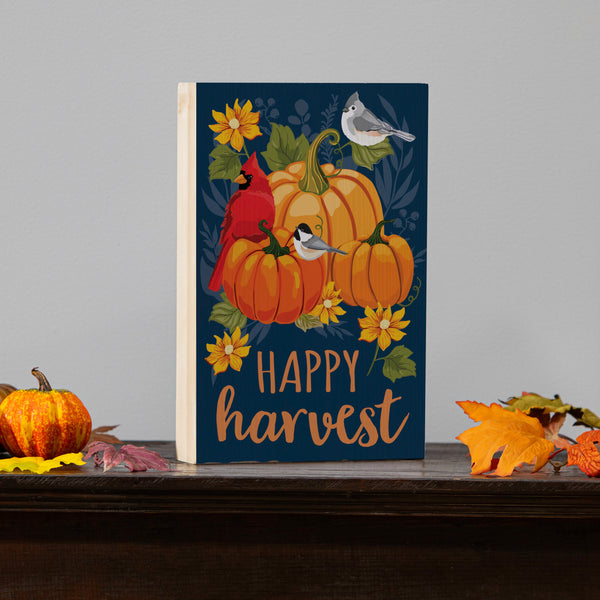 plow & hearth Harvest Blossom Welcome Friends of Fall Sign Wood Block "Happy Harvest" 12"L x 8"H