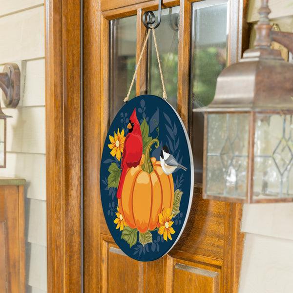 plow & hearth Harvest Blossom Welcome Friends of Fall Wood Door Décor Cardinal On Pumpkin 18"