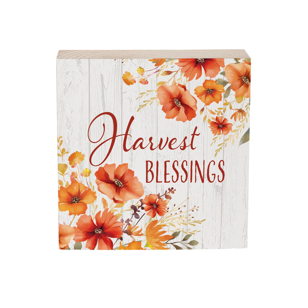 Plow & Hearth Harvest Blossom Wildflowers Sign Wood Block "Harvest Blessings" 6"x6"