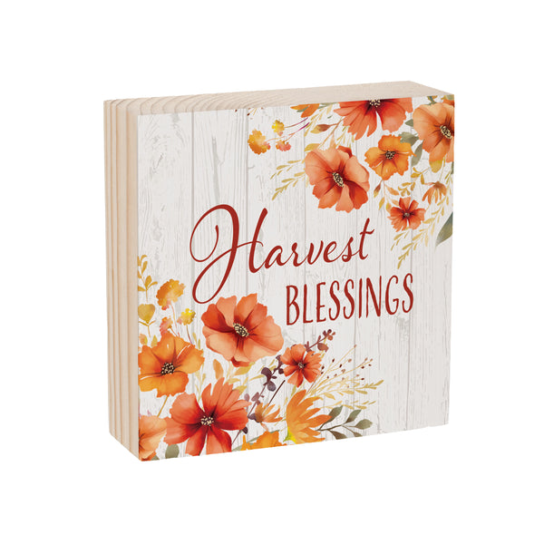 Plow & Hearth Harvest Blossom Wildflowers Sign Wood Block "Harvest Blessings" 6"x6"