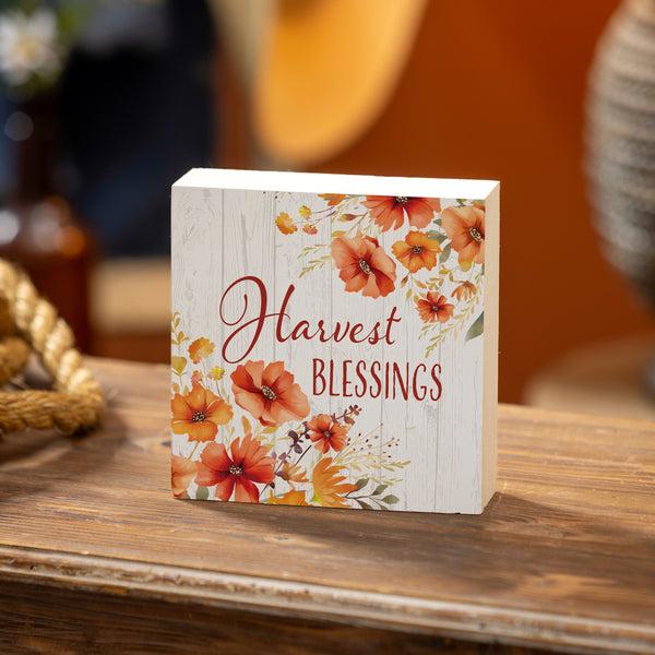 plow & hearth Harvest Blossom Wildflowers Sign Wood Block "Harvest Blessings" 6"x6"