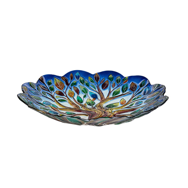 Plow & Hearth Harvest Blossoms Birdbath Tree Of Life Hand Painted Glass Birdbath 18"