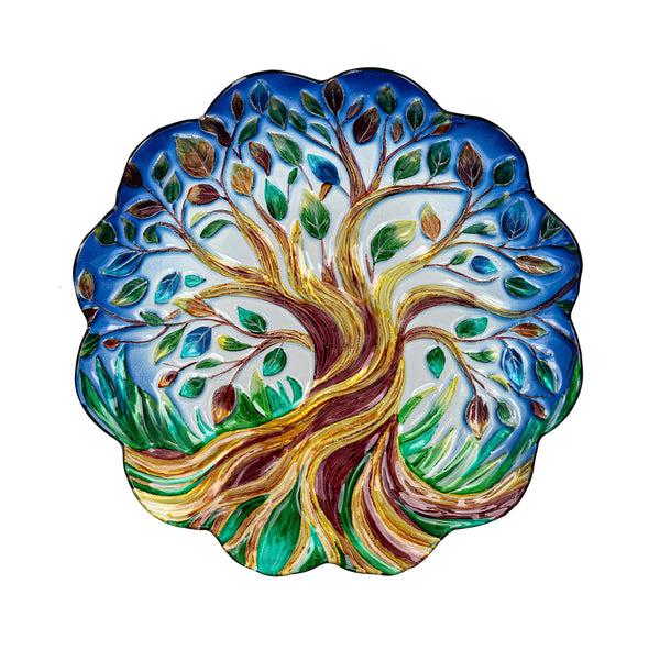 plow & hearth Harvest Blossoms Birdbath Tree of Life Hand Painted Glass Birdbath 18"