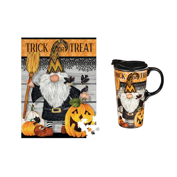 plow & hearth Haunted House 17 OZ Ceramic Cup and Puzzle Gift Set Trick Or Treat Gnome